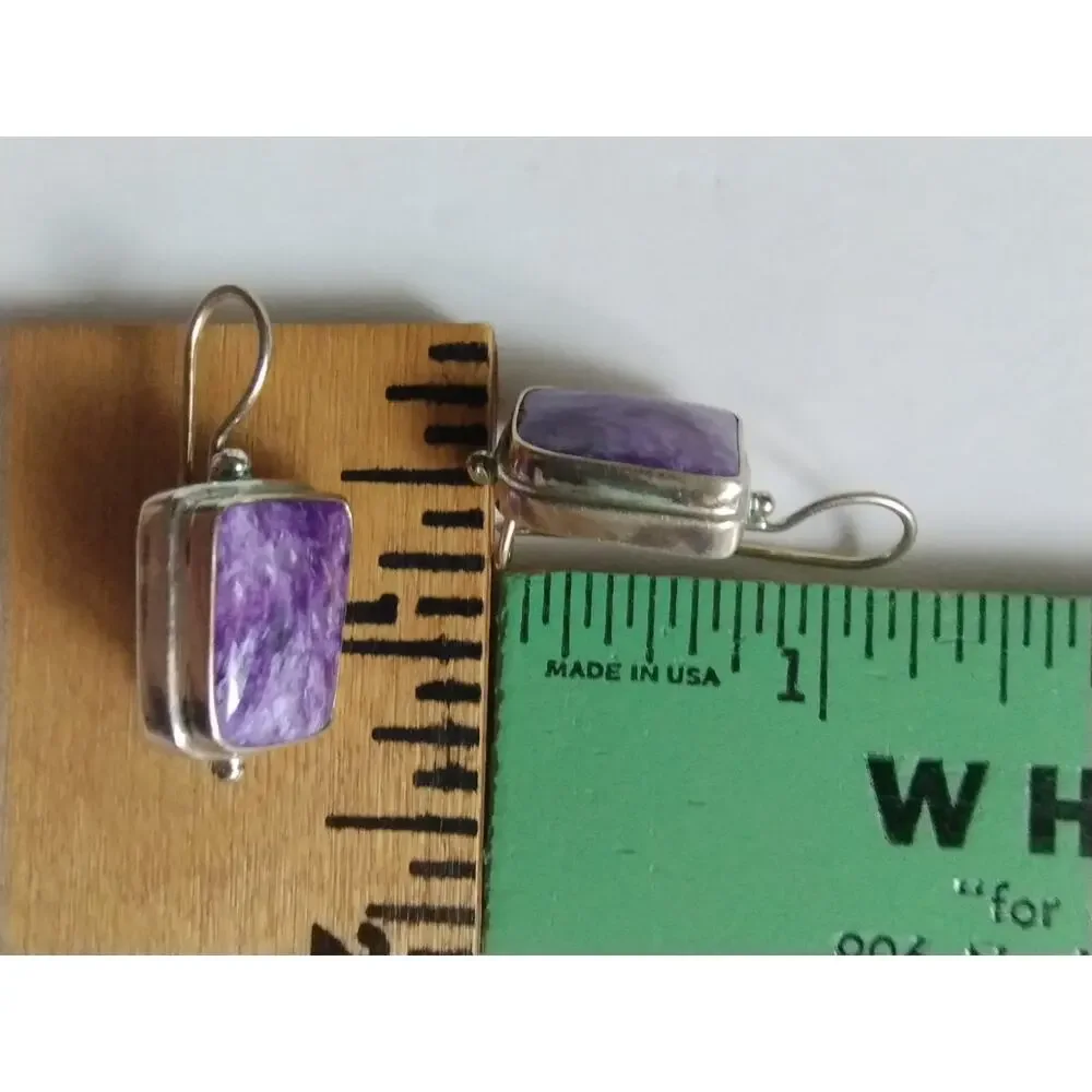 Siberian Natural Charoite Mineral & 925 Sterling Silver Artisan Signed Earrings